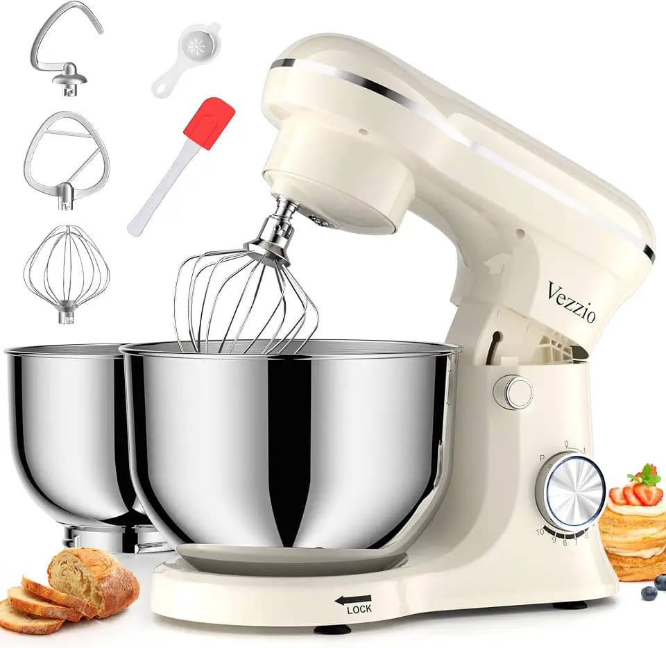 Vezzio Küchenmaschine 1500W, Rührmaschine mit Doppel-Edelstahlschüsseln (5QT + 6QT), 10 Stufen, Elektrischer Teigkneter mit Schneebesen, Knethaken & Rührbesen, Für Backen & Kochen