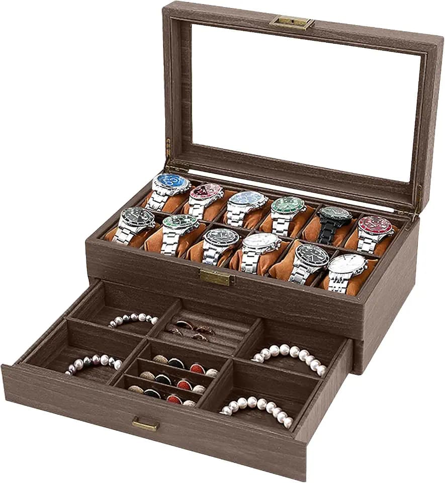 12 Slots Uhrenbox Schmuck Aufbewahrungsbox mit Glasdeckel