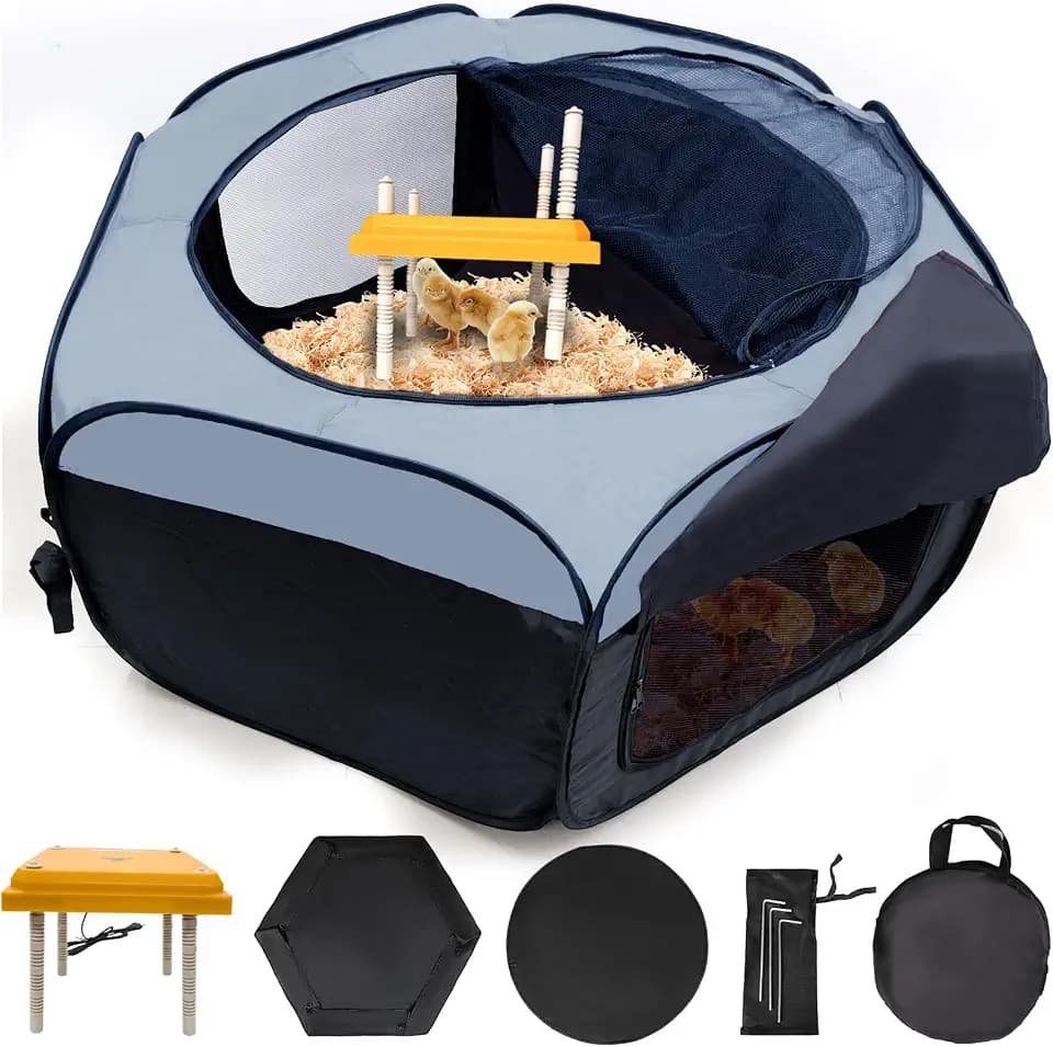 Brooder Box for Chick Starter Kit, Baby Chicken Brooder Pen/Playpen/Tent Pop-Up, Perch Up to 17 Chicks, Kit with Adjustable Heating Plate, Storage Bag, Top Cover, Fixed Pegs, Waterproof Mat, Blue