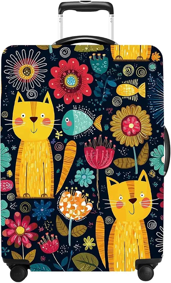 Navy Floral Cats Luggage Cover Washable Suitcase Protector Anti-Scratch,Stretchable Fit for 24-26Inch Luggage Durable Travel Bag Cover with Zipper Closure M
