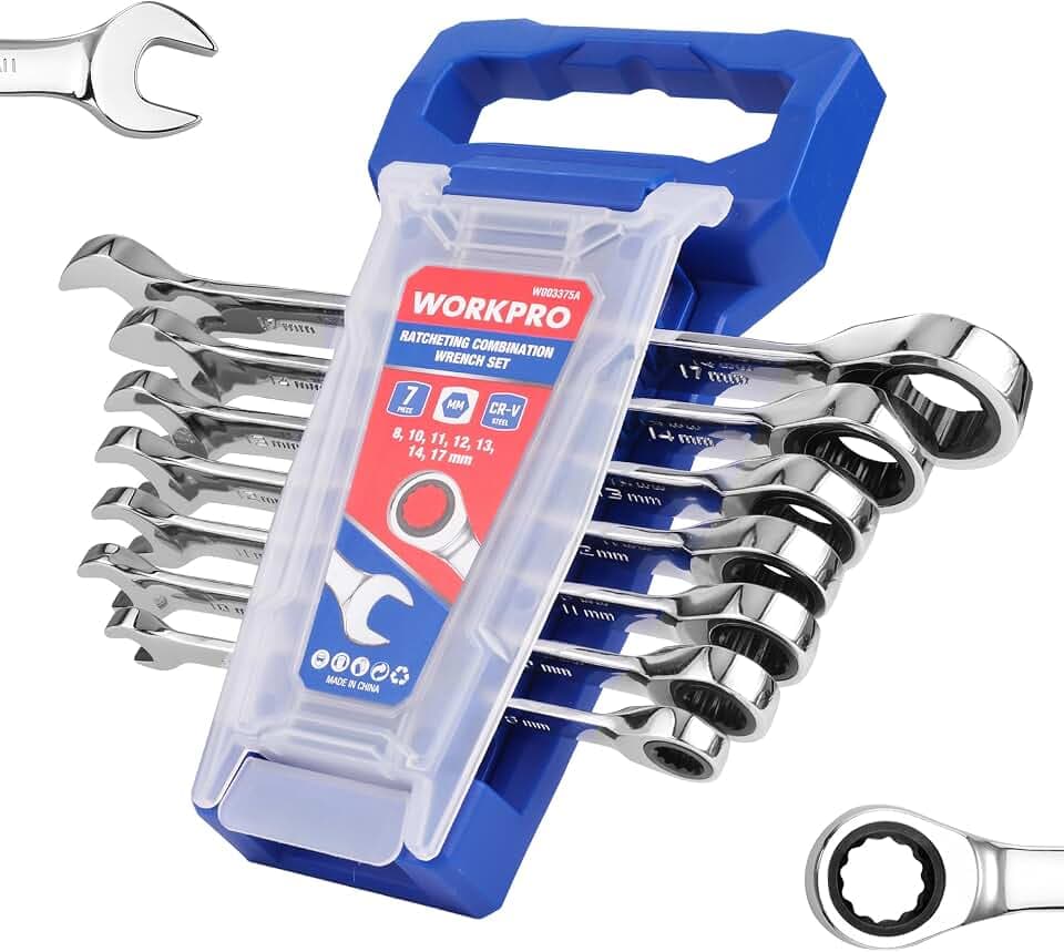 WORKPRO Ratcheting Wrench Set, Metric, 7-piece Ratcheting Combination Wrench Set, 8mm, 10mm, 11mm, 12mm, 13mm, 14mm, 17mm, 12-Point, CR-V Steel, with Organizer Rack