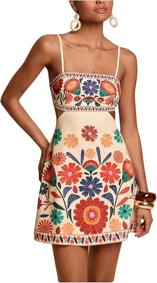 OYOANGLE Women's Boho Floral Spaghetti Strap Short Dress Shirred Cut Out A Line Beach Vacation Sundress