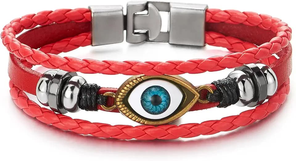 COOLSTEELANDBEYOND Mens Womens Three-Row Leather Evil Eye Beads Charms Bracelet Wristband Wrap Bracelet