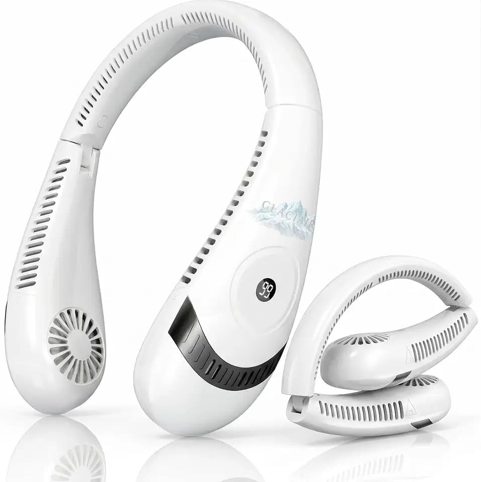 GLACIAIRE Neck Fan – Portable Cooling Fan with Powerful Airflow | USB‑C Rechargeable 5000mAh Battery | Foldable Wearable Personal Face Fan for Around Neck, Quiet 3-Speed Air Cooler – White