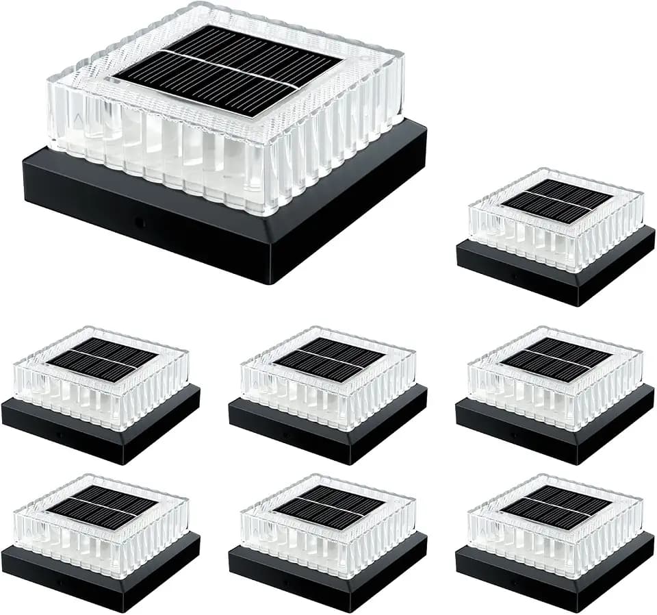 4x4 Solar Post Cap Lights: 8 Pack Fence Post Lights Outdoor 3000K with Clear Lampshade, IP65 Waterproof 10-12H Lasting and Easy Install for Backyard Deck Patio