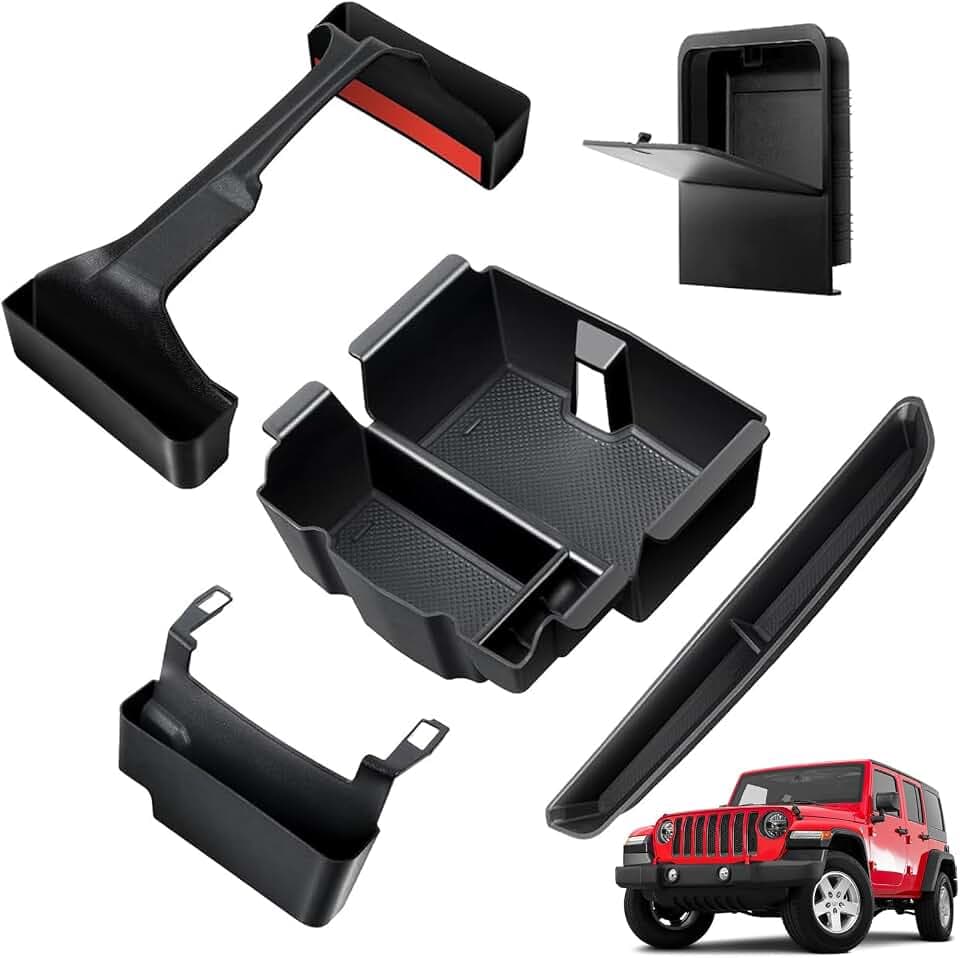 5-in-1 Center Console Organizer for Jeep Wrangler JL JLU & Gladiator JT (2018-2023), Gear Shift & Armrest Tray – Neat Interior Storage Accessories (Not for JK)