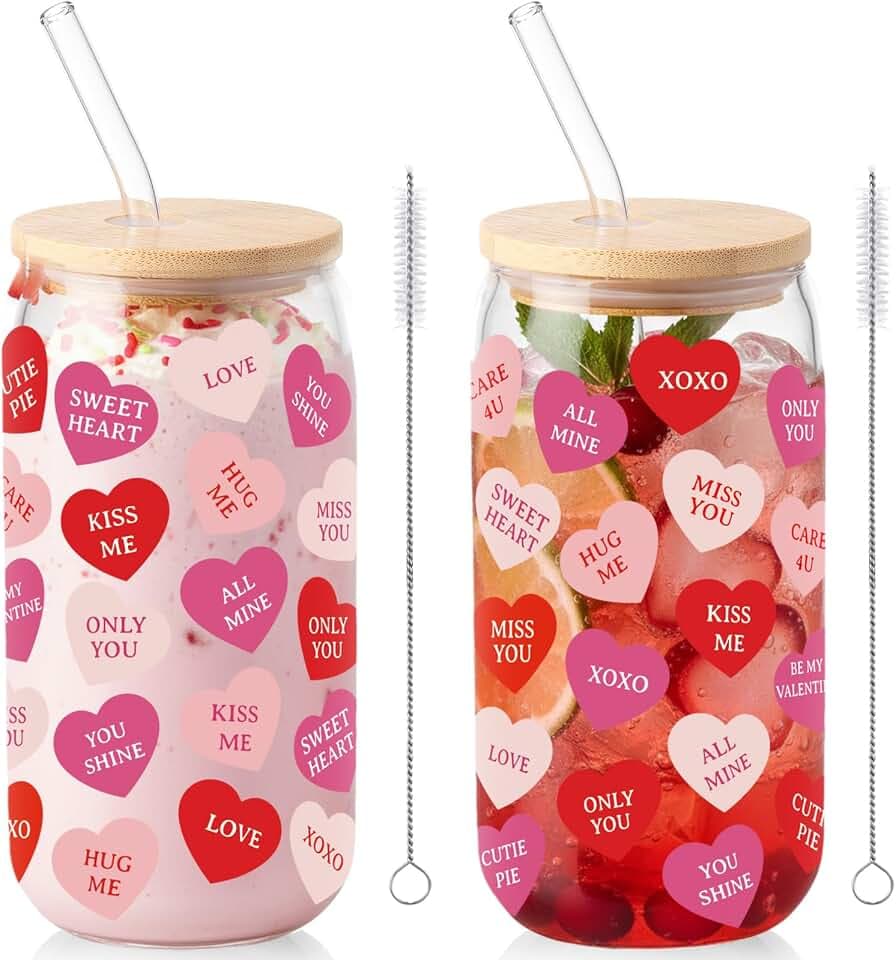 Sliner 2 Pcs 16 oz Heart Glass Cups Valentines Galentines Day Tumblers