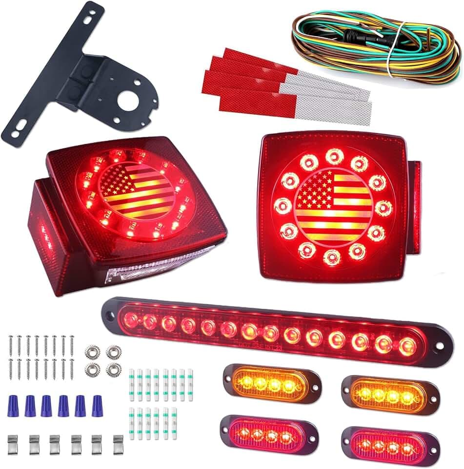 Submersible Square LED Trailer Tail Light Kit American Flag Designed 10 inch 3rd Brake Lights Aluminum Alloy Base Stop Turn Tail Lights for Under 80 inch Boat Utility Snowmobile 12V