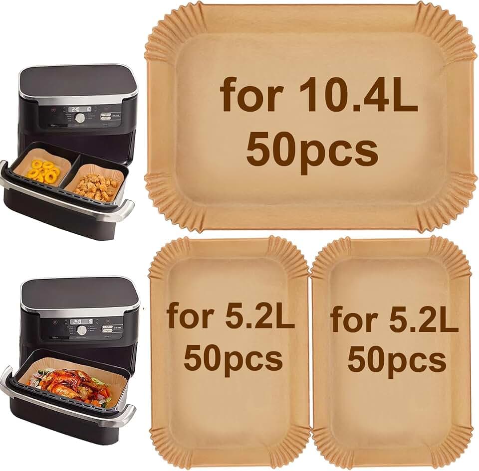 150pcs Airfryer Backpapier für Ninja Flex Drawer Dual Zone AF500EU AF500EUCP 10,4L, Auch kompatibel mit COSORI XXL 10L, Cecotec 9000 100 Stück Airfryer Backpapier für 5.2L