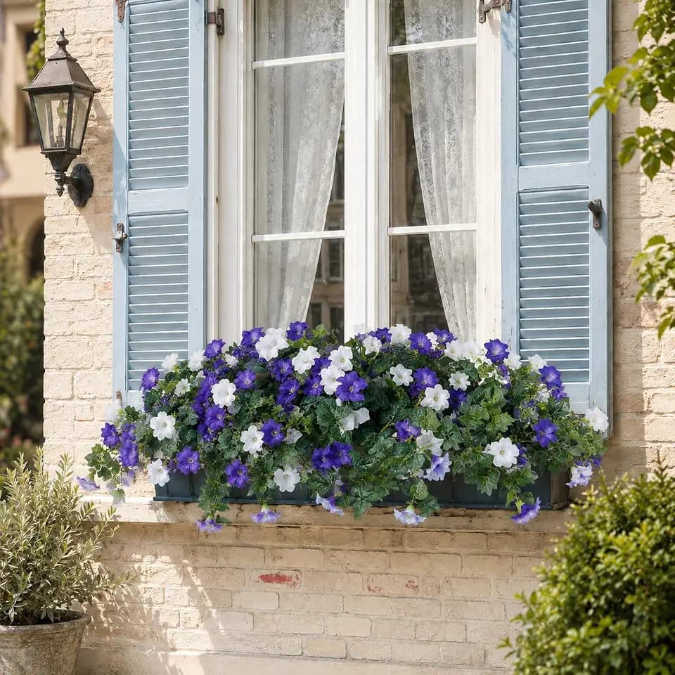 Artificial Flowers, 2-Pack Blue and White Faux Petunias