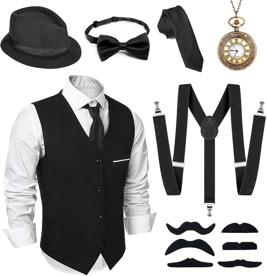 Alintor 20er Jahre Kostüm Herren, FaschingsKostüme Männer, Mafia Karneval Kostüm Herren, Peaky Blinders Kostüm, 20er Jahre Accessoires Panama Hut Weste Krawatte Fliege Hosenträger Herren Kostüm Set