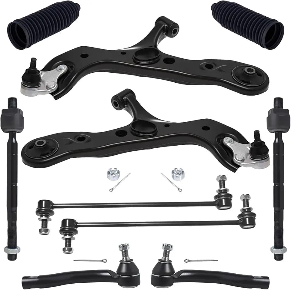 TUCAREST 10Pcs Suspension Kit Fit For 2006-2018 To-yota RAV4, 2 Front Lower Control Arm w/Ball joint + 4 Outer Inner Tie Rod + 2 Sway Bar + 2 Boots [# K620586 K620587 K750043 EV800328 ES800053]