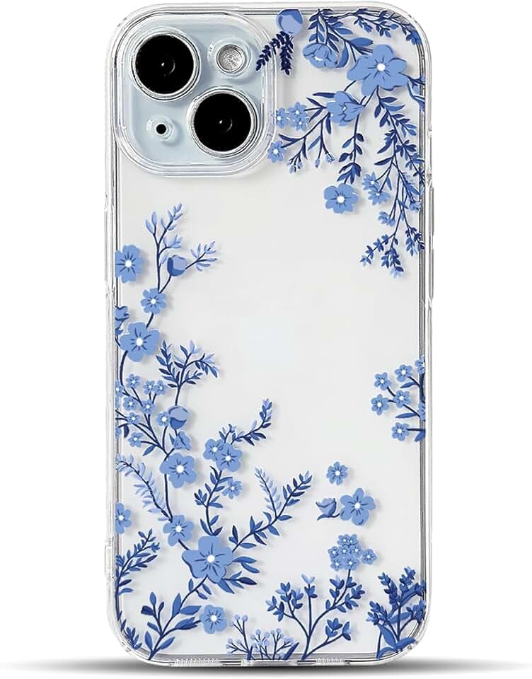 NITITOP for iPhone 15 Plus Case Clear Cherry Blossom Flower - Blue