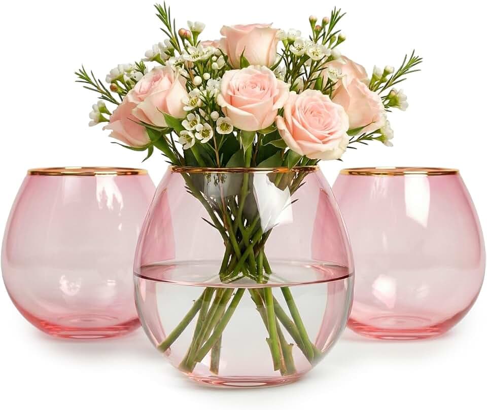 Blush Vases with Gold Trim, 3 Piece