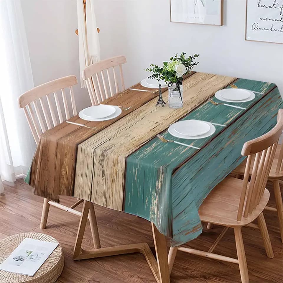 Teal Rustic Tablecloth Waterproof For Square/Round/Rectangle Table Cloth 60x84 In Washable Polyester Tablecovers,Farmhouse Retro Turquoise Green Brown Table Cover For Baby Shower Baptism Buffet Party