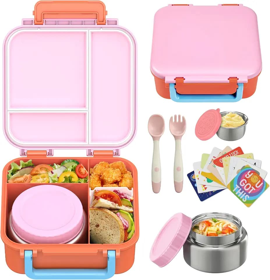 Kids Bento Lunch Box with 9oz Soup Thermo Leakproof Lunch Food Containers 4 Compartment with Insulated Hot Food Jar for Kid Toddler Girls Boys to School, Trvael