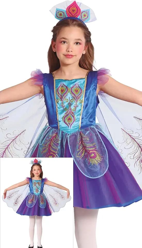 FIESTAS GUIRCA Wunderbares Mädchenkostüm Pfau, blaues und violettes Pfauenkleid mit Flügeln, Kinderkostüme für Mädchen