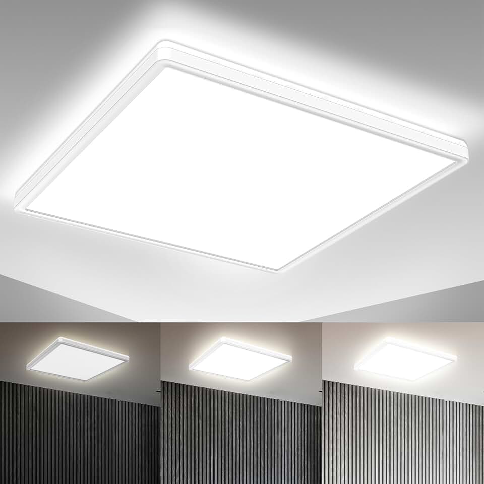 B.K.Licht - LED Deckenlampe mit indirektem Licht, ultraflach, in Stufen dimmbar, LED Panel, Deckenleuchte, Lampe, Wohnzimmerlampe, Schlafzimmerlampe, Küchenlampe, 42x42x2,9 cm, Weiß