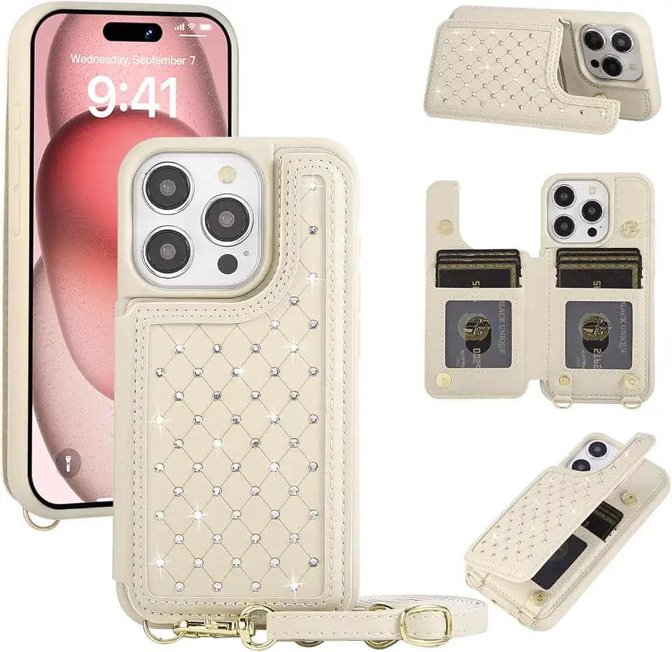 for iPhone 15 Pro Max Wallet Case with Card Holder Slots and Strap, RFID Blocking Magnetic Flip Folio Cover, Crossbody Purse Protection Case with Kickstand,Beige Diamond