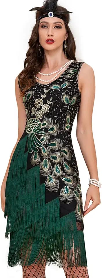 1920s Women Vintage Peacock Sequined Tassel Flapper Party Dress