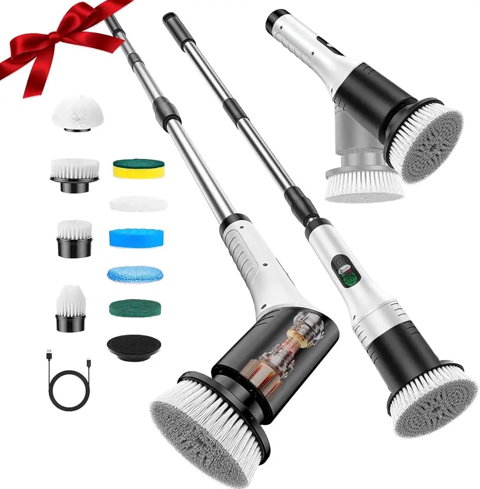 Elektrische Reinigungsbürste, 9 in 1 Electric Cleaning Brush mit austauschbaren Bohrbürstenköpfen, 2000mAh, Putzbürste Elektrisch mit Verstellbarem Griff, für Bad Küche Fußboden,Kabellos & wasserdicht