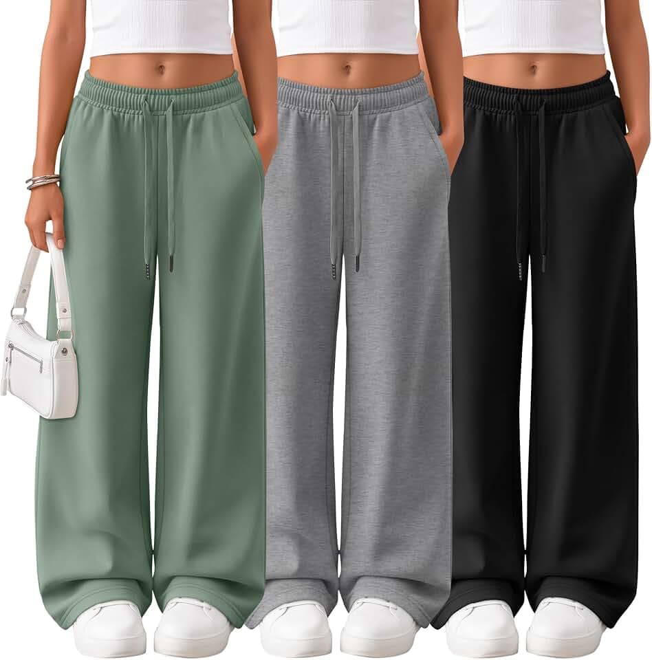 3Pcs Girls Wide Leg Sweatpants with Pockets Drawstring