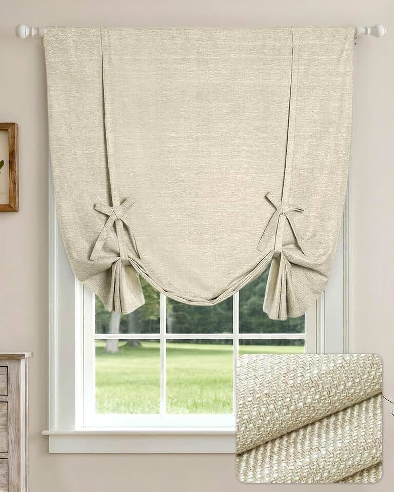 LazBlinds Tie Up Curtains, Linen Balloon Roman Shade, 34" W x 47"L, Natural