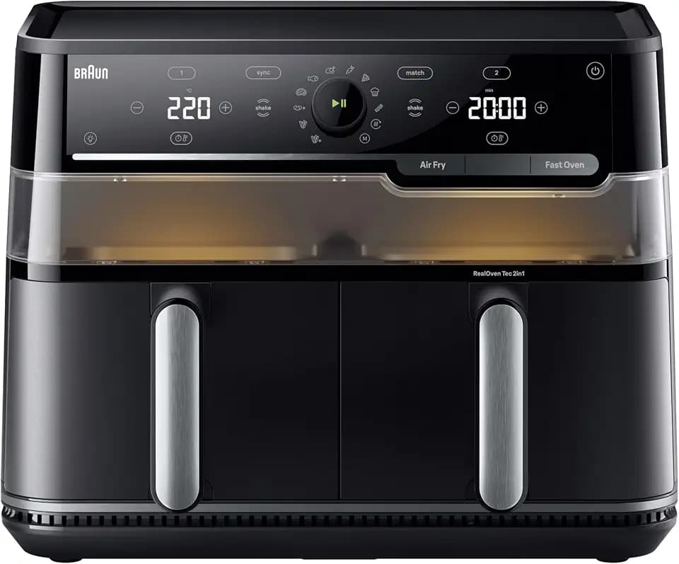Braun TwinCook 5 TD5030IBK, Heißluftfritteuse mit 10L Fassungsvermögen, 80-200°, PFAS-freie Keramikbeschichtung, RealAir Technology, 8 Programme, Touch Control, spülmaschinenfest, 2400W, Schwarz