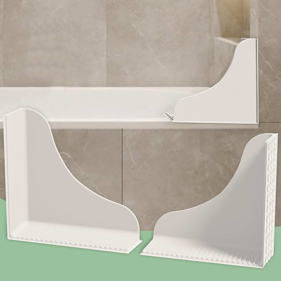 No-Adhesive 2-Pack All-Silicone Shower Splash Guard with Strong Suction Cups, Reusable Bath Tub Corner Water Blocker for Secure Seal&Easy Removal,Keep Water in Shower or Bath, One-Piece Design, White