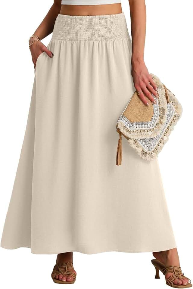 QIXING Damen Sommerrock Lang A-Linie Smocked Hohe Taille Swing Plisseerock mit Taschen Boho Maxirock