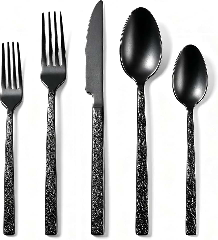 Black Hammered Silverware Set, 40-Piece Square Handle for 8