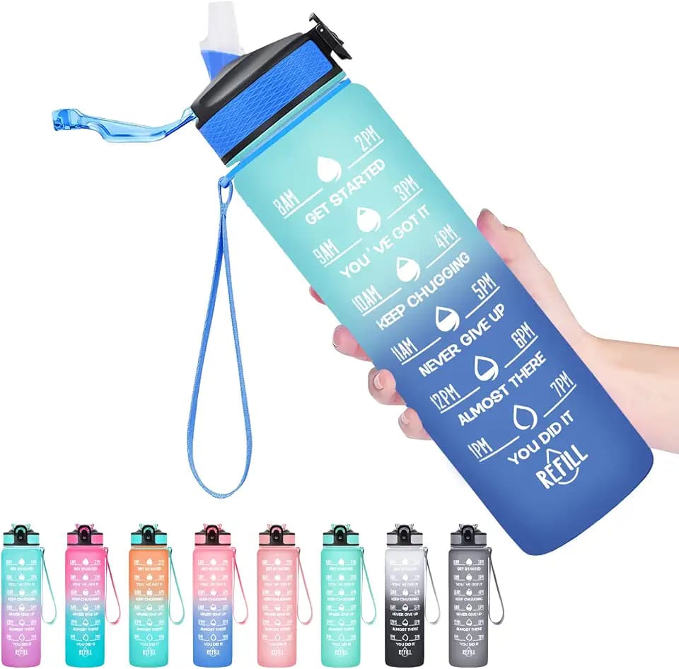 Hyeta Water Bottle with Straw & Time Marker, Plastic 32oz Leakproof