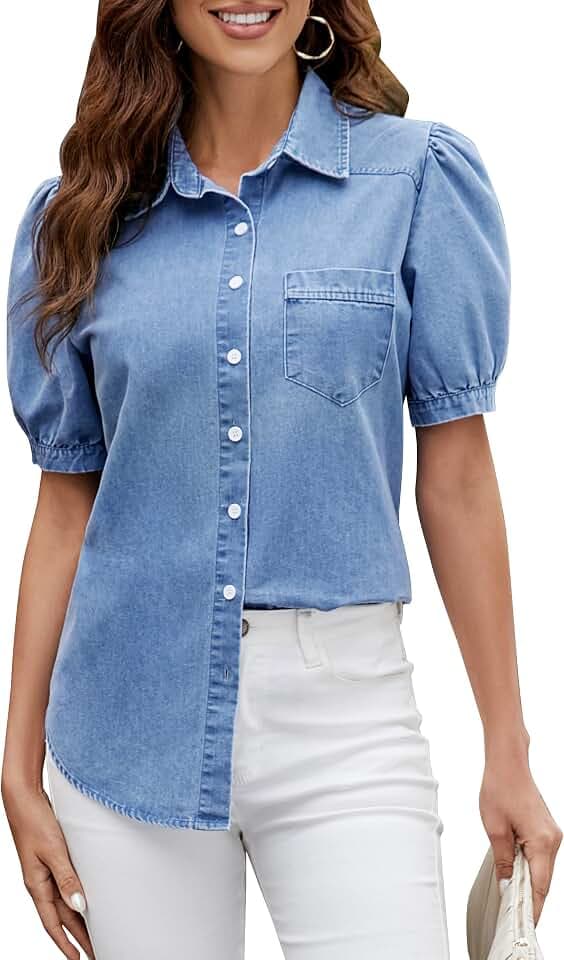 BMJL Womens Denim Shirt Business Casual Button Down Work Blouses Puff Sleeve Summer Tops