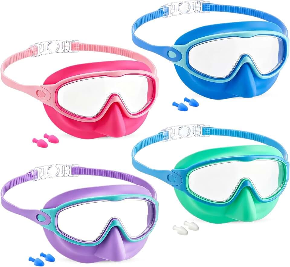 Tellegloww 4 Pack Kid Swim Goggles with Nose Cover for 3-12 Girl Boy