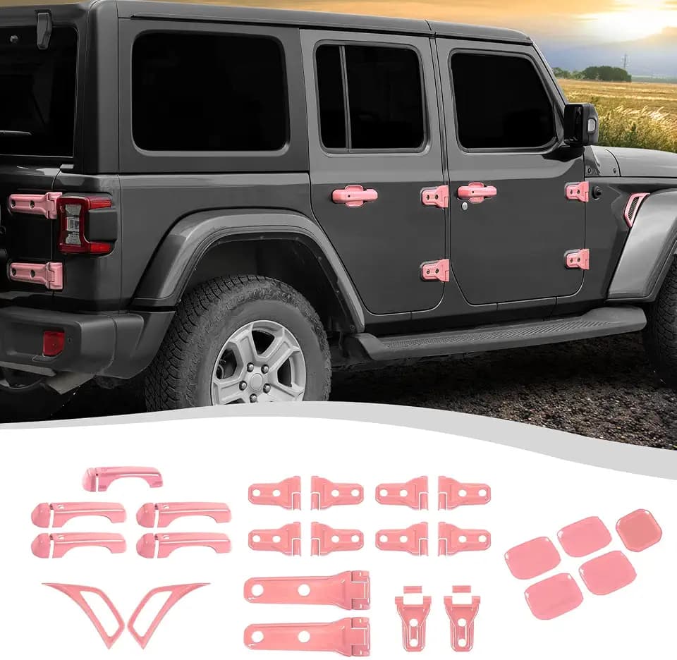24PCS Full Set Exterior Trim Kit Fit for 2018-2026 Jeep Wrangler JL JLU 2/4 Doors, Door Hood Hinge Covers Door Handle Side Vent Tailgate Hinge Cover,Not Fit for 2026 JL JLU Willys(Pink)