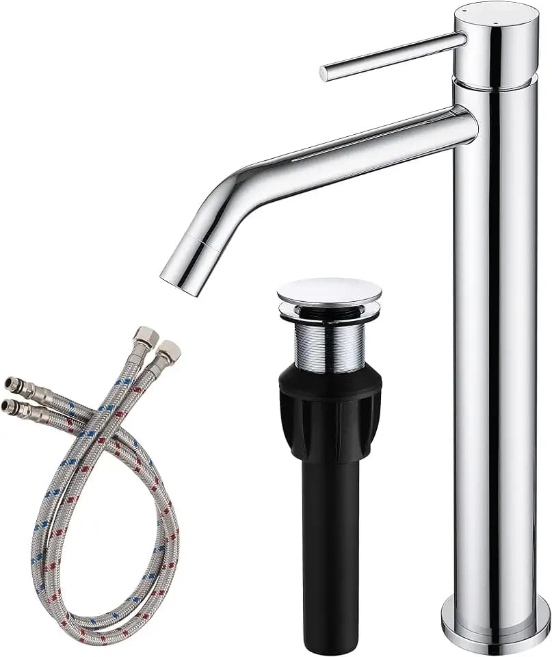 Chrome Tall Bathroom Faucet with Sink Drain and Supply Lines, JXMMP Single Handle Vessel Sink Faucet Chrome Single Hole, Stainless Steel Vessel Faucet JXM1001CP