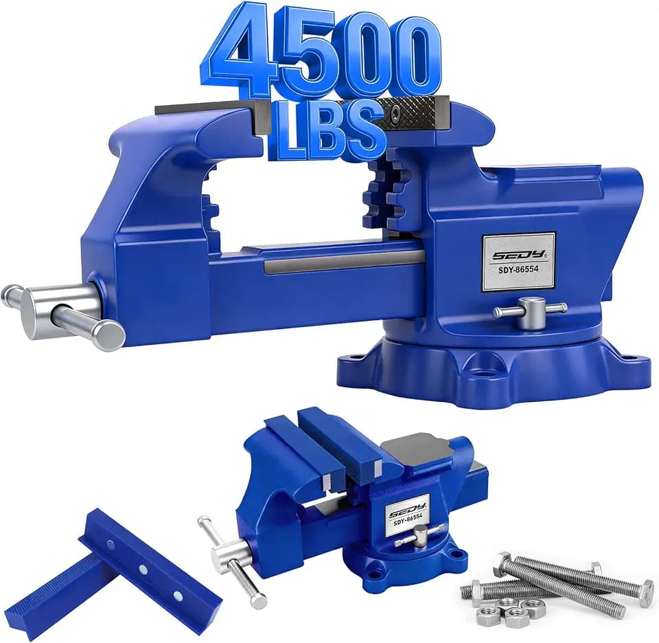 6-Inch Bench Vise with Jaw Pads, Heavy Duty Workbench Vise with Anvil, 360° Swivel Locking Base, 4500 lbs Clamping Force Bench Vice for Woodworking, Drilling, Pipe Cutting