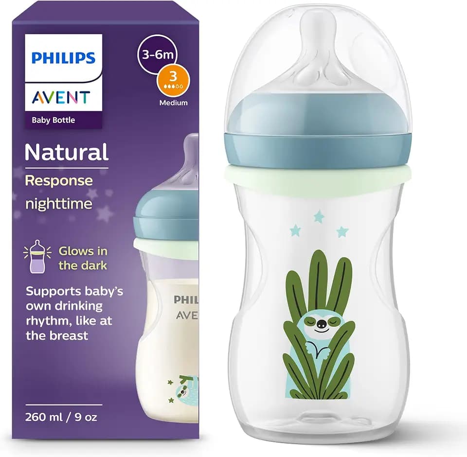 Philips Avent Natural Response Babyflasche für die Nacht – 260 ml, mit mittlerer Durchflussrate (Mittel 3), separater im Dunklen leuchtender Ring, Motiv müdes Faultier, SCY903/81