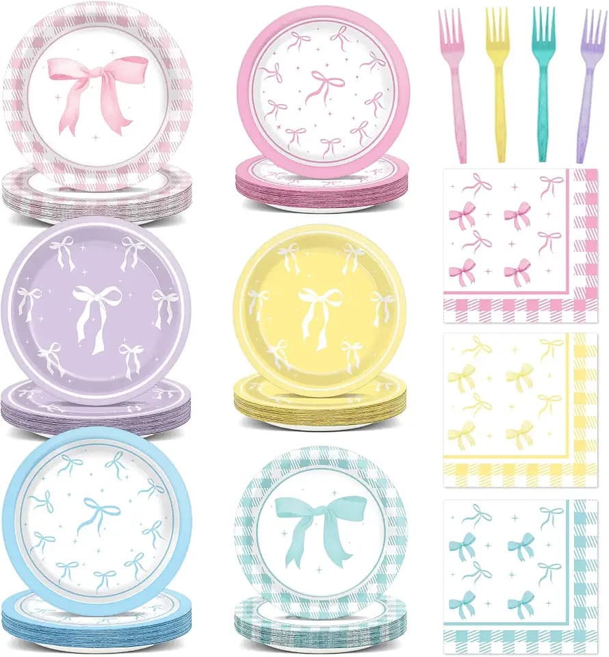96Pcs Pastel Bow Party Plates and Napkins Rainbow Birthday Decorations Bow Theme Dessert Paper Plates Napkins Forks Tableware Set for Girls Boys Baby Shower Picnic Party Supplies Favor