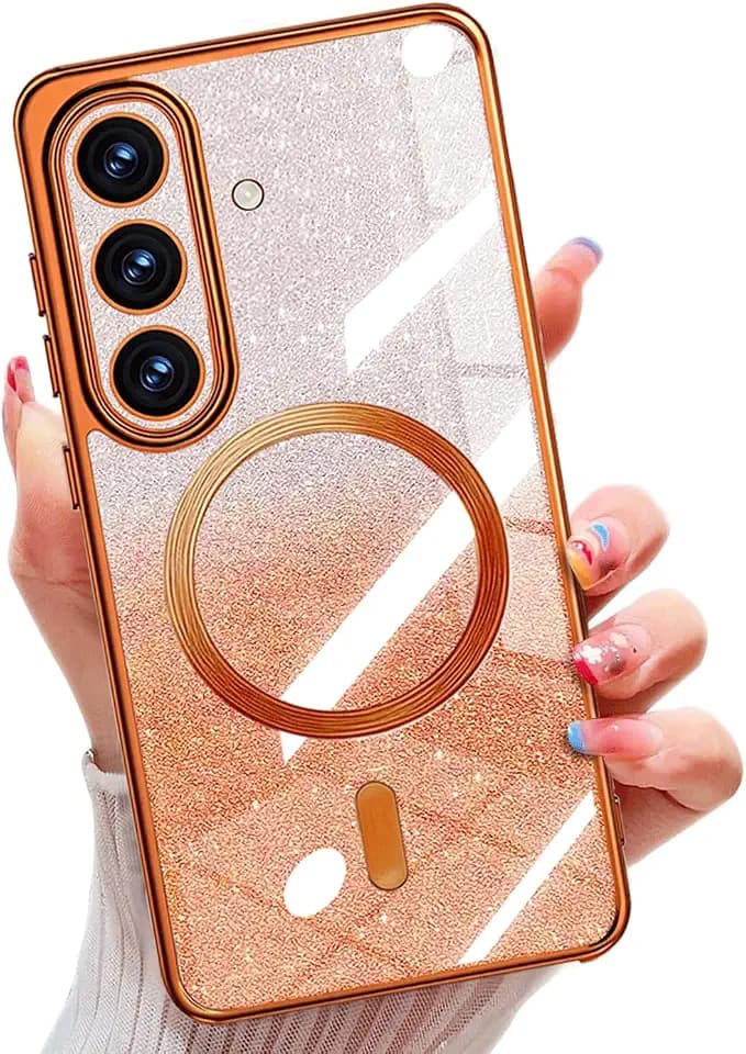 Misscase for Samsung Galaxy S26 Case Compatible with MagSafe,Built-in Camera Lens Protector Full Protection Soft TPU Anti-Scratch Anti-Fingerprint Magnetic Glitter Slim Case Cover Orange