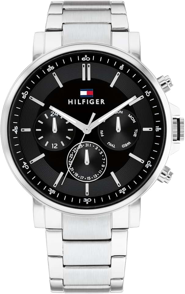 Tommy Hilfiger Men's Watch – 44 mm Quartz Multifunction Stainless Steel Case, CD-Textured Sunray Dial with Diamond-Cut Sub-Dials – Classic Dress Watch for Men