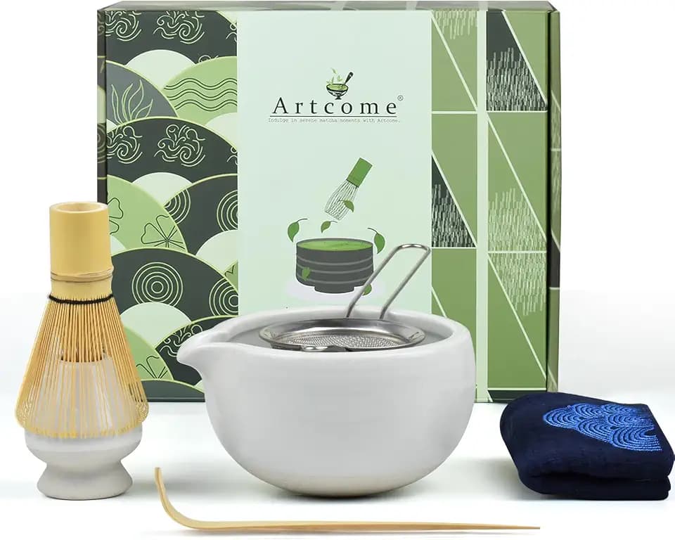 Artcome 7-teiliges komplettes Matcha-Teezeremonie-Set – Schüssel, Schneebesen, Schaufel, Sieb, Set für Usucha, Koicha, Latte (weiß)