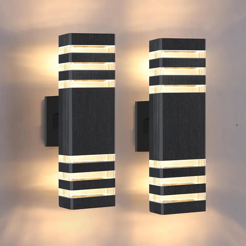 3-Layer Up and Down Modern Outdoor Wall Lights, 2-Pack Black Aluminum Exterior Sconce, IP65 Waterproof for Porch Garage Patio, Warm White 3000K