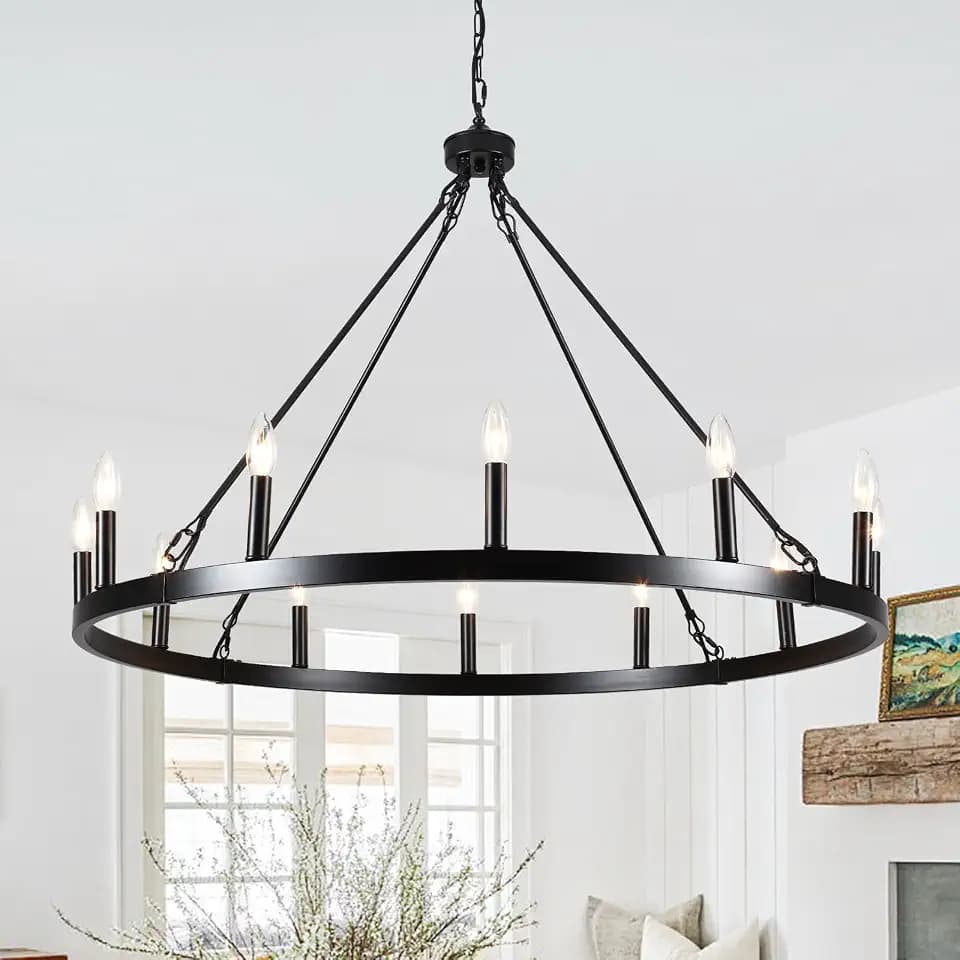 Wagon Wheel Chandelier 12-Light Black Farmhouse Light Fixture Outdoor Large