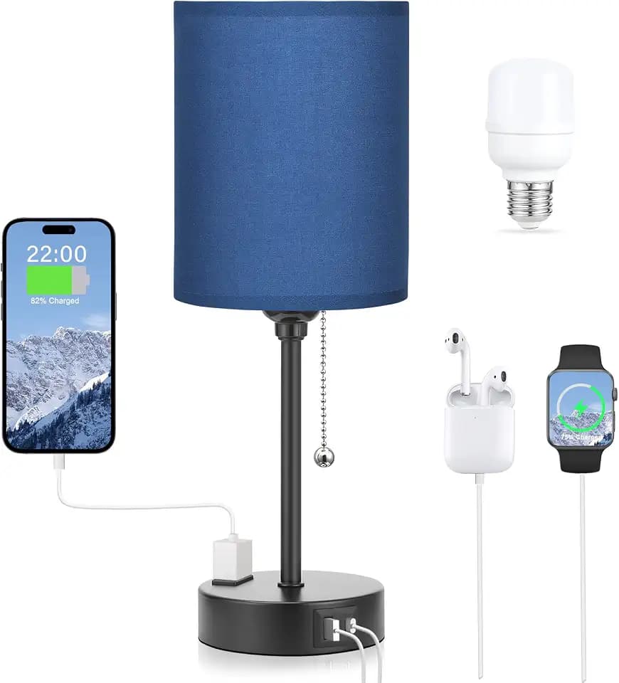 Small Bedside Table Lamp for Bedroom - Desk Lamp with USB Ports for Dorm