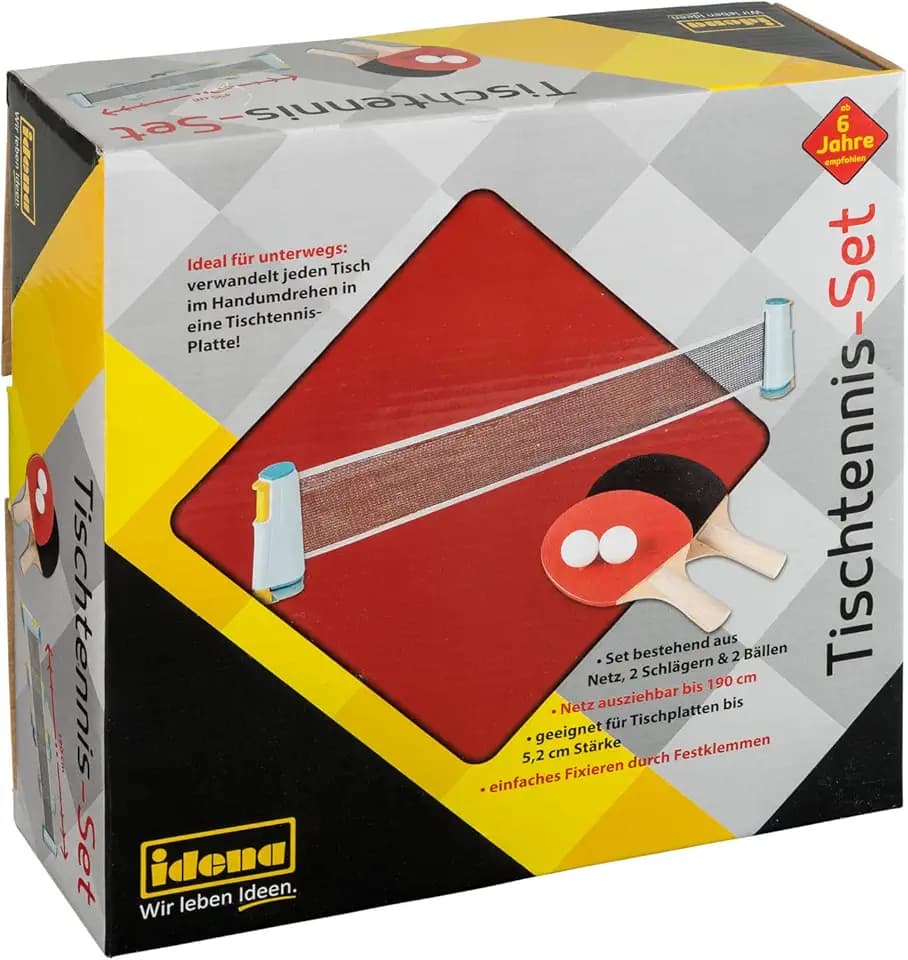 Idena 40204 - Tischtennis Set mit Netz, Zwei Kellen und Zwei Bällen, zur einfachen Montage an Tischplatten, perfekt für Unterwegs, im Urlaub oder im Garten