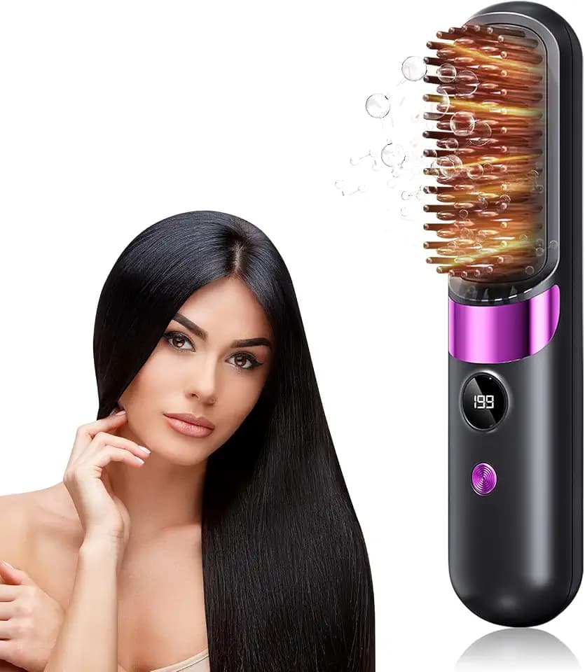 Glättbürste für Haare, Mini-Glätteisen, kabellos, 4 Temperatureinstellungen, 140 – 199 °, tragbar, multifunktional, kauramitisch, Kamm glättend, geeignet für Bart und Frisur
