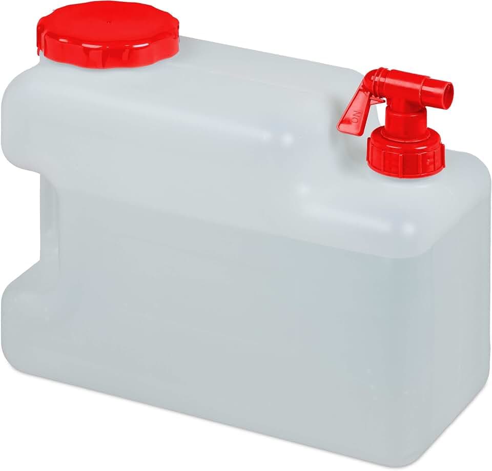 Relaxdays Wasserkanister mit Hahn, Weithals Schraubdeckel, Trinkwasserkanister Camping, 12-23 l, BPA-frei, weiß-rot