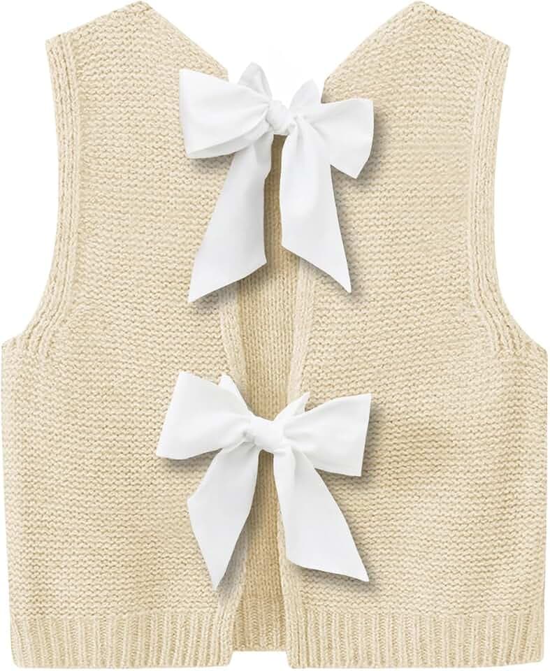 Imily Bela Womens Sweater Vest Bow Tie Back Casual Knit Crop Tank Tops