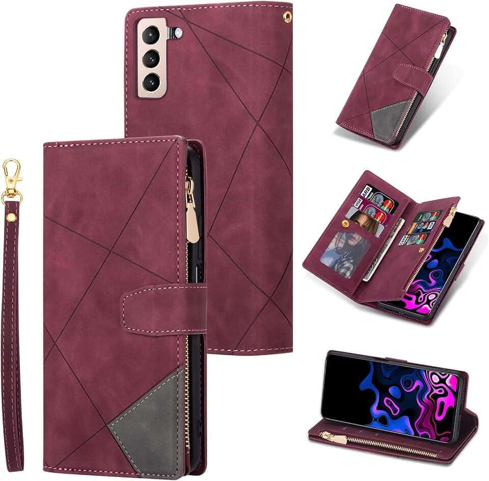UEEBAI Schutzhülle für Samsung Galaxy S21 Ultra 5G, Vintage-PU-Leder, Klappetui mit Kartenfächern, Magnetverschluss, Reißverschlussfach, Ständer, Handtasche mit Handschlaufe, Diamantrot